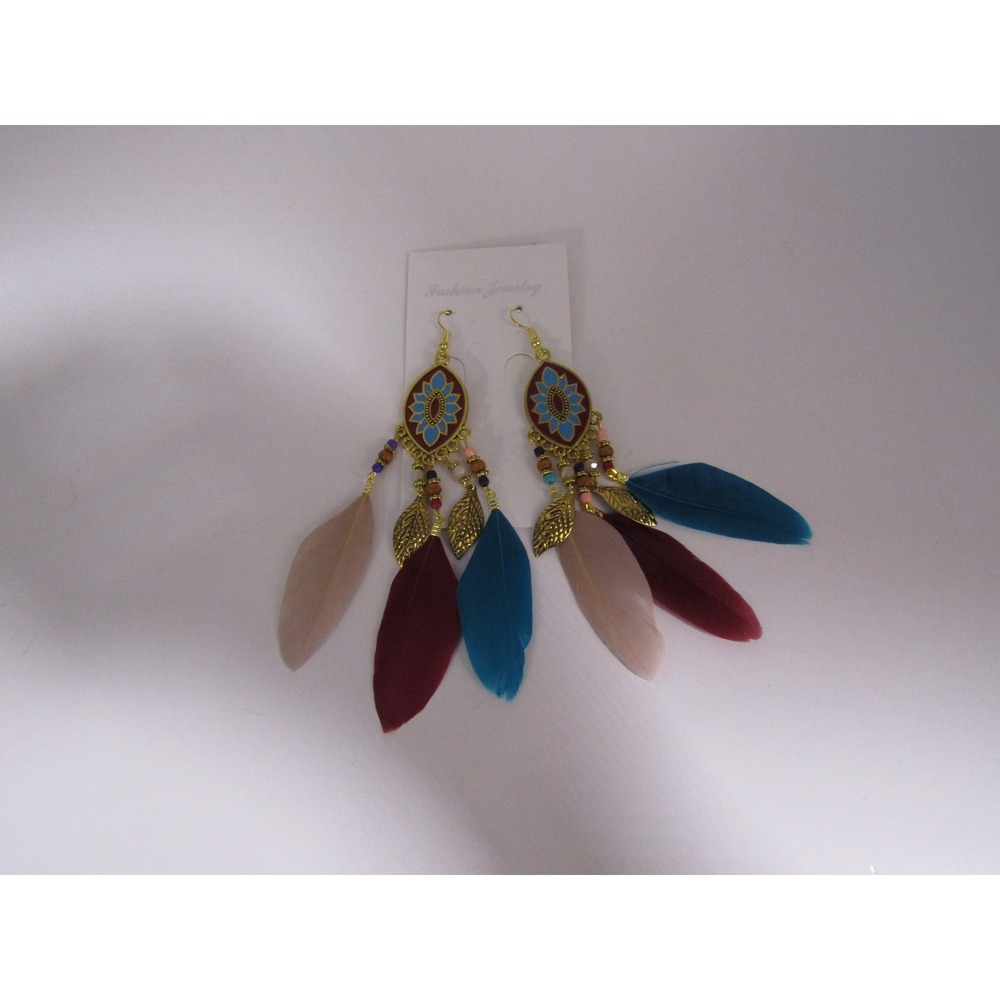 Blue Boho Rice Bead Water Drop Tassel Leaf Aztec Ethnic Earrings White Gold‎
